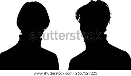 Two silhouetted figures, each wearing a turtleneck, stand against a stark white background. The images create a striking contrast, highlighting form and shadow in a minimalist aesthetic.
