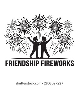 Two silhouetted figures hugging and raising arms amidst bursting fireworks and stars