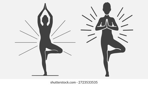 Zwei silhouettierte Figuren, die Yoga-Posen mit erhobenen und umklammerten Händen üben, umgeben von Sonnenburstlinien auf hellem Hintergrund.