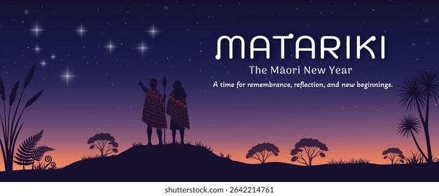 Two silhouetted figures in traditional Māori attire stand on a hilltop under a starry night sky, with the Matariki star cluster visible.