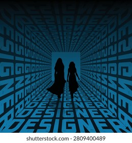 Two silhouetted figures walk through a tunnel with the word 