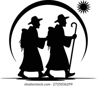 Two silhouetted figures walking with a shepherd's staff under a sun and crescent moon silhouettes