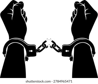 Two silhouetted hands are shown breaking free from a pair of handcuffs, representing the concept of liberation and escape from confinement.