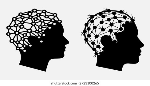 Two silhouetted heads with complex neural networks inside, one clean and one distorted