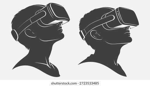 Dos cabezas siluetadas con auriculares de realidad virtual, mirando en direcciones opuestas, en un diseño minimalista.