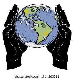 Dos manos humanas de silueta sujetando el planeta Tierra. Concepto ambiental creativo.