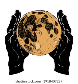 Dos manos humanas de silueta sosteniendo luna llena. Concepto creativo para la ciencia y la imaginación. Energía lunar y hombre.