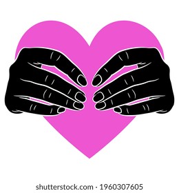 Two silhouetted human hands holding heart symbol. Romantic Valentine's day love emblem.