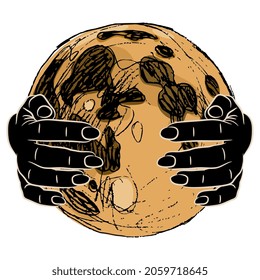 Two silhouetted human hands holding full moon. Creative concept.