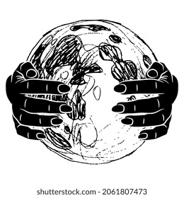 Two silhouetted human hands holding full moon. Creative concept. Hand drawn sketch. Black and white silhouette.