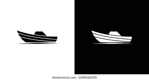 Two silhouetted images showcasing boat designs; one black boat on a white backdrop and the other a white boat on a black background, both reflect simple, clean aesthetic.