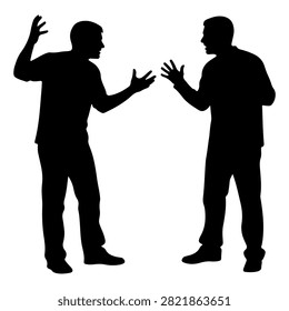 Two silhouetted men appear to be arguing or discussing passionately, with expressive hand gestures and intense body language.