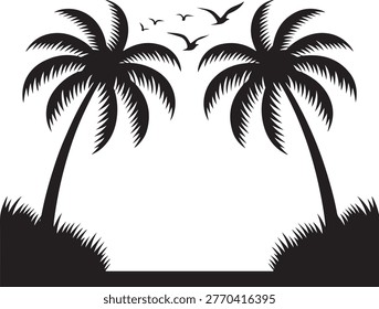 Two Silhouetted Palm Trees With Flying Birds And Grass