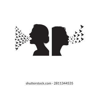 Two silhouetted profiles facing each other with birds flying out of one mouth and towards the other Keywords: communication