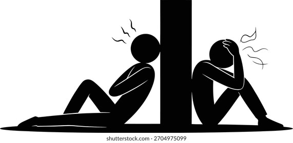 Two Silhouetted Stick Figures BacktoBack Depicting Stress, Separation, and Mental Health Issues.eps
