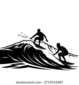 Dos surfistas de silueta montan poderosas olas del océano, capturando la acción dinámica y la emoción de los deportes acuáticos en una impresionante ilustración gráfica.