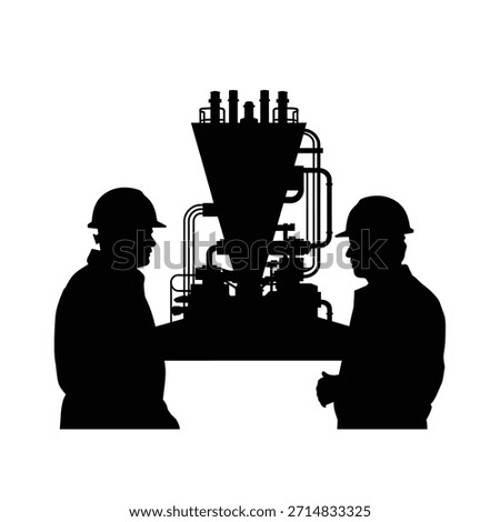 Two silhouetted workers carefully examine and monitor a large industrial machine.