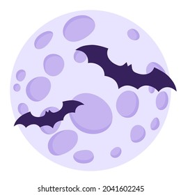 Dos siluetas de murciélagos al fondo de la luna llena. Símbolo tradicional de Halloween y elemento decorativo. Dibujo vectorial aislado.