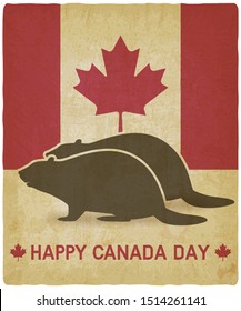 Two silhouettes of beaver on canadian flag background