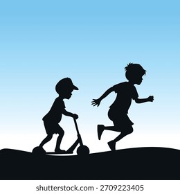 Dos siluetas de diseño negro para niños corriendo solos en una moto a lo largo del camino