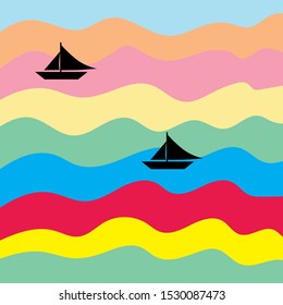 Two silhouettes of a boats with sails floating on colorful waves