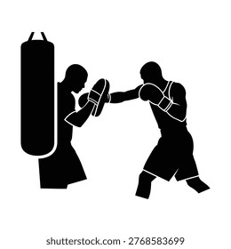 Two silhouettes boxing a hanging punching bag in a gym-like setting.