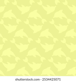 Two silhouettes of dolphins circling in a circle. Endless vector pattern. Continuous ornament of a pair of white marine mammals. Isolated yellow background. Flat style. Ocean inhabitant. 