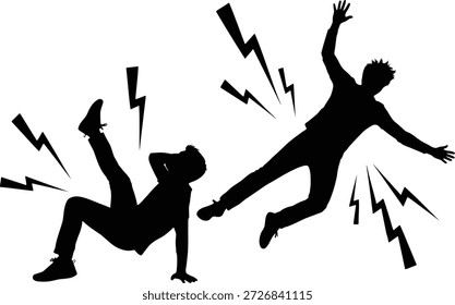 Two Silhouettes Falling with Lightning Bolts Surrounding Them black