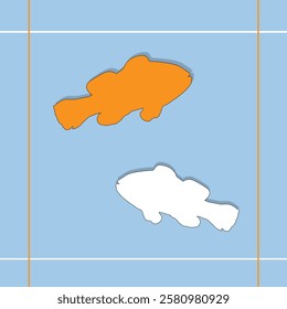 two silhouettes of fish, one in orange and one in white, against a light blue background