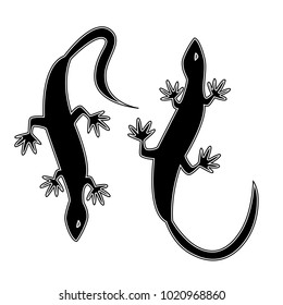 Two silhouettes in the form of lizards. Monochrome vector illustration. Tattoo.