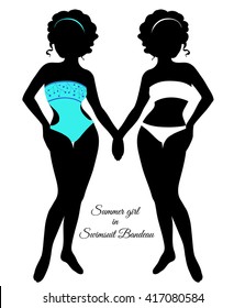 Two silhouettes of girls in a continuous and separate Swimsuits Bandeau, vector illustration in cartoon style/Silhouettes of a Slender Girls in Swimsuits
