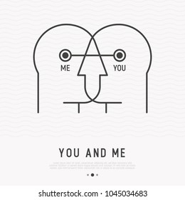 Two silhouettes of heads are crossed. Thin line icon. Modern vector illustration of collaboration, teamwork, partnership. Element for logo or tattoo.