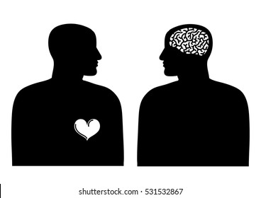 Two silhouettes with heart and brain.Logic and emotion concept. Hand drawn vector illustration isolated on white background.