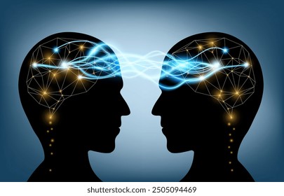 Two silhouettes of a human head with waves and rays of light between them. Stock vector illustration