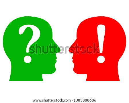 Two silhouettes of human heads with an exclamation mark and a question