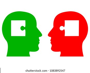 Two silhouettes of human heads with with puzzles