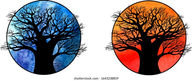 two silhouettes of a large tree are drawn, the first tree on a blue background, the second tree on a red background