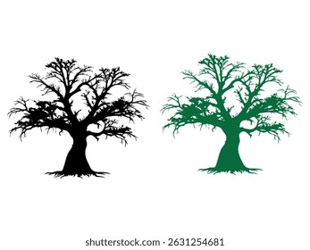 Two Silhouettes of a Majestic Leafless Tree, distinct silhouettes of a large, leafless tree against a pure white background. tree, silhouette, nature, leafless, black and white, green, illustration, g