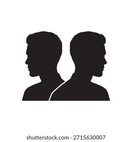 Duas silhuetas de homens em direções opostas traçam um perfil de arte vetorial isolada sobre um fundo branco.