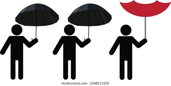 Two silhouettes of men holding umbrellas and one holding an upside down umbrella