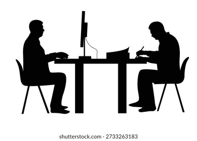 Two Silhouettes of People Behind Table in the Office Isolated on White. People at work, white collar workers vector art