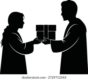 Two silhouettes of people exchanging a small rectangular isolated on transparent background exchange