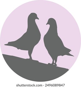 Two silhouettes pigeons icon. Vector illustration on pink background.