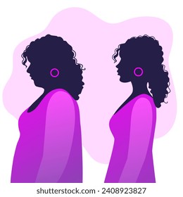 Two silhouettes with profile of thick and thin woman in purple-pink color. Transformations of the female body. Girl before and after losing weight