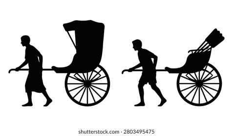 Two silhouettes of rickshaw pullers with traditional vehicles against a white background silhouette puller human powered vehicle pedicab cycle