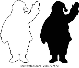 Dos siluetas de Santa Claus, una en contorno y otra en negro sólido, agitando una mano, aisladas sobre fondo blanco.