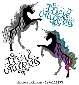 Two silhouettes of unicorns with graphic elements and lettering. Suitable for printing on tmugs, T-shirts, notebooks and other items and clothing
