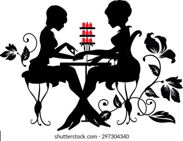 Two silhouettes of woman in manicure process. Stylish vector illustration. Luxury design