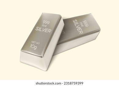 Two Silver bars on isolated background. 10gm Silver Ingot. 3D Render. Vector illustration.