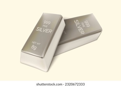 Two Silver bars on isolated background. 8gm Silver Ingot. 3D Render. Vector illustration.